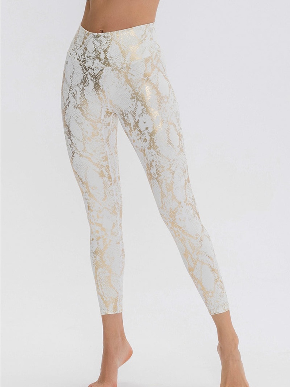 Carbon38 White Gold Snake Print Ankle Leggings M Polyester Spandex Yoga